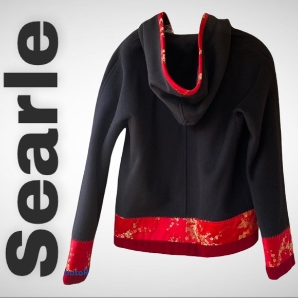 SEARLE VINTAGE HOODED 100% WOOL SATIN VELVET TRIM CHERRY BLOSSOM SHORT COAT, 6 - Picture 7 of 7